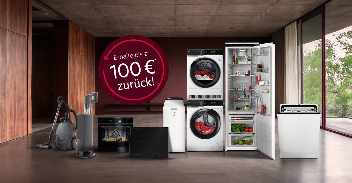 Jetzt teilnehmendes AEG Aktionsmodell kaufen und bis zu 100 €* Cashback sichern.