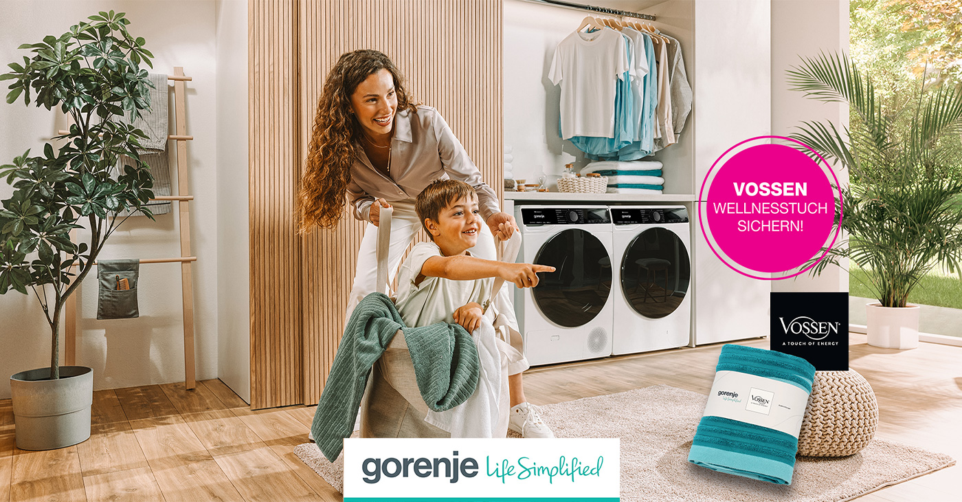 Gorenje Waschmaschine oder Wäschetrockner kaufen und ein trendiges VOSSEN Wellnesstuch gratis erhalten.