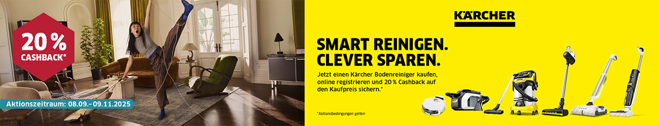 Jetzt einen Kärcher Bodenreiniger kaufen, online registrieren und 20% Cashback auf den Kaufpreis sichern.
