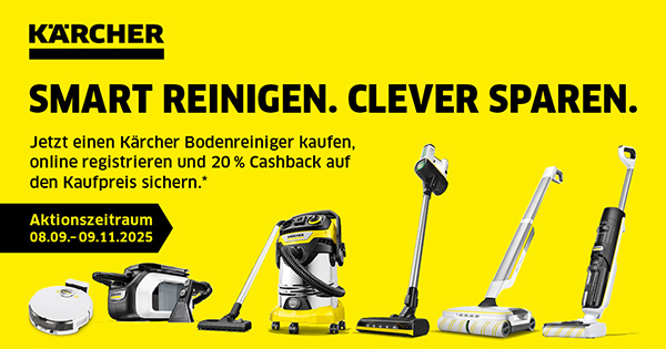 Jetzt einen Kärcher Bodenreiniger kaufen, online registrieren und 20% Cashback auf den Kaufpreis sichern.
