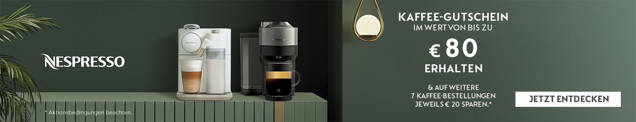 Nespresso Kaffeemaschine kaufen und Kaffee-Gutschein im Wert von bis zu € 80,- erhalten.