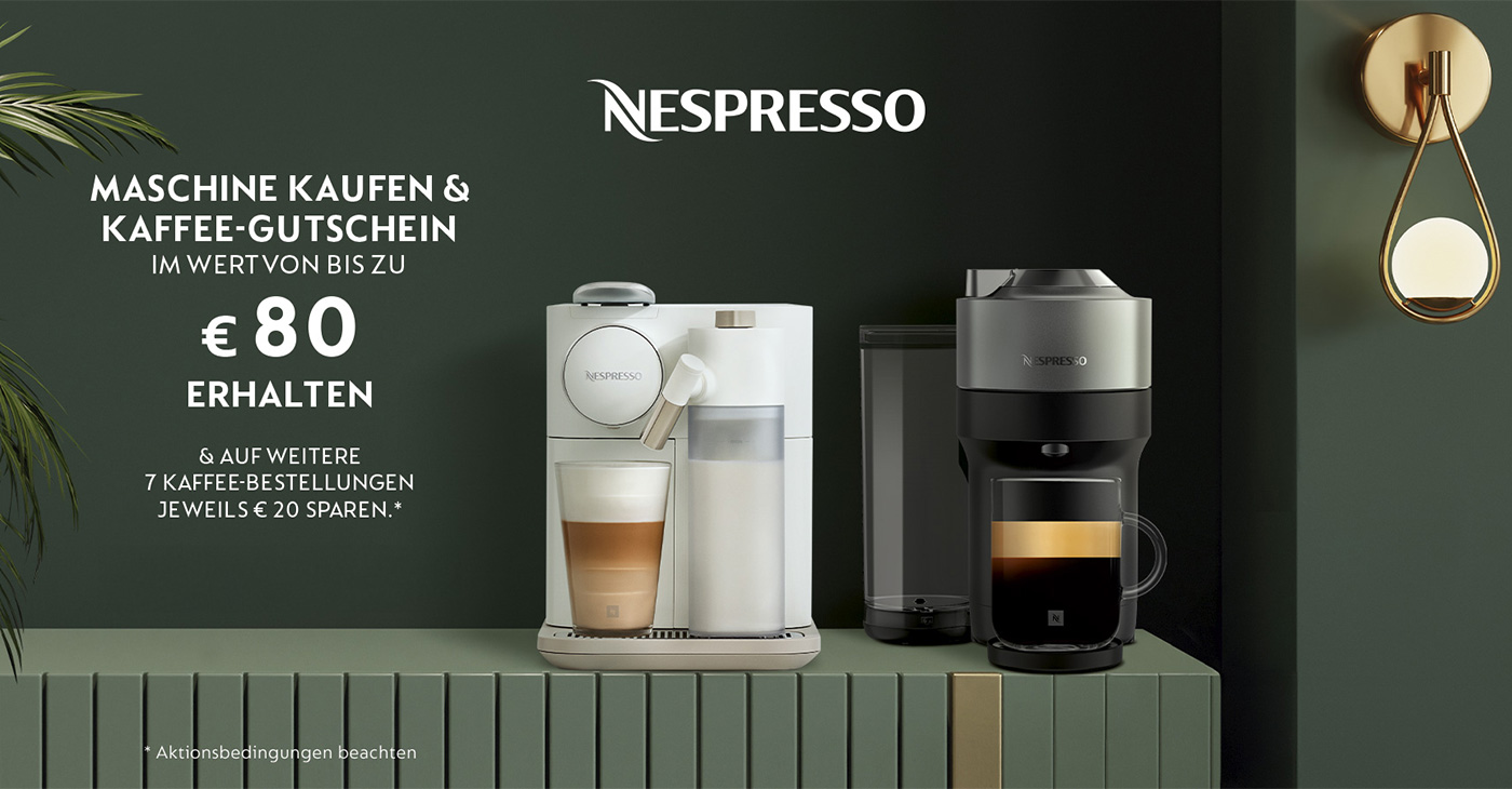 Nespresso Kaffeemaschine kaufen und Kaffee-Gutschein im Wert von bis zu € 80,- erhalten.