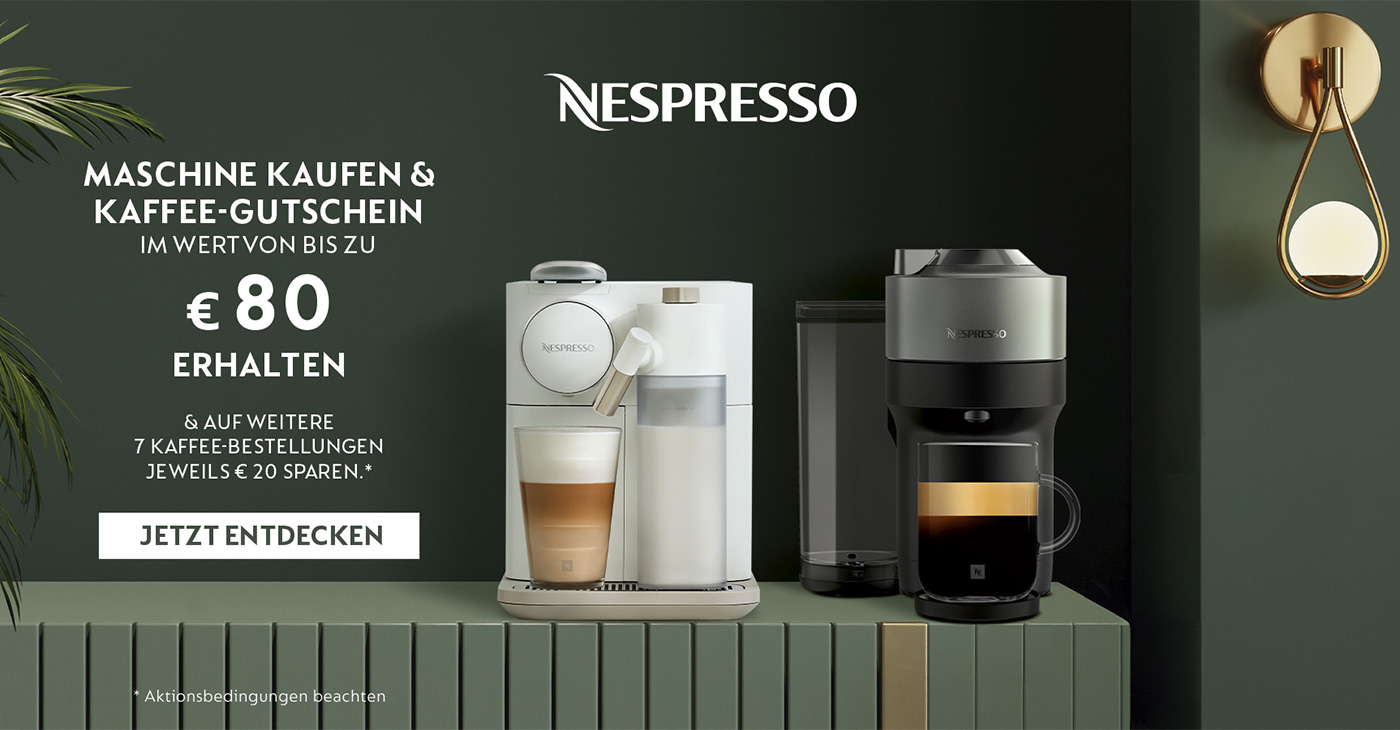 Nespresso Kaffeemaschine kaufen und Kaffee-Gutschein im Wert von bis zu € 80,- erhalten.