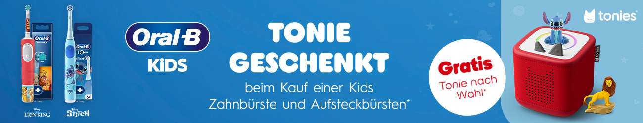 Beim Kauf einer Oral-B PRO Kids, iO Kids oder iOMyWay Zahnbürste zusammen mit einer Packung Oral-B Aufsteckbürsten erhalten Sie einen 16,99 € Gutschein für den tonies Onlineshop – geschenkt!