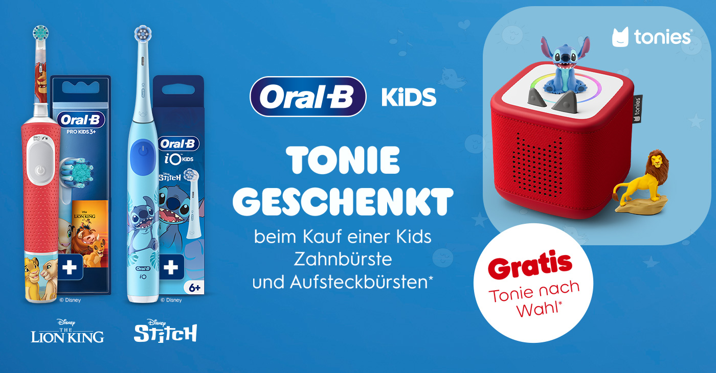 Beim Kauf einer Oral-B PRO Kids, iO Kids oder iOMyWay Zahnbürste zusammen mit einer Packung Oral-B Aufsteckbürsten erhalten Sie einen 16,99 € Gutschein für den tonies Onlineshop – geschenkt!