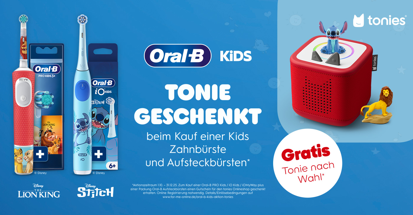 Beim Kauf einer Oral-B PRO Kids, iO Kids oder iOMyWay ZahnbÃ¼rste zusammen mit einer Packung Oral-B AufsteckbÃ¼rsten erhalten Sie einen 16,99 â‚¬ Gutschein fÃ¼r den tonies Onlineshop â€“ geschenkt!