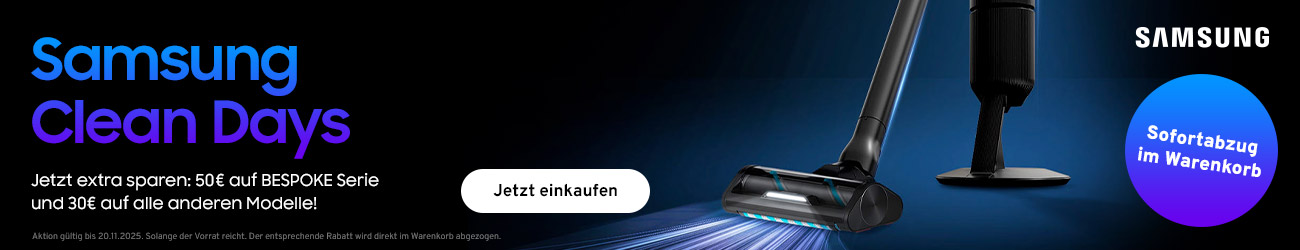 Jetzt extra sparen: 50€ auf BESPOKE Serie und 30€ auf alle anderen Samsung Modelle direkt im Warenkorb!