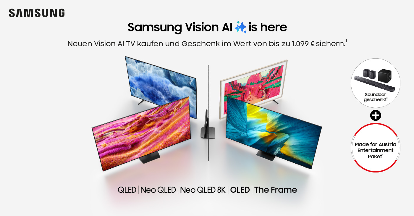 Jetzt einen ausgewählten 2025 Vision AI TV (Neo QLED, OLED, QLED, The Frame oder The Premiere 5) oder eine Soundbar kaufen und ein attraktives Geschenk erhalten