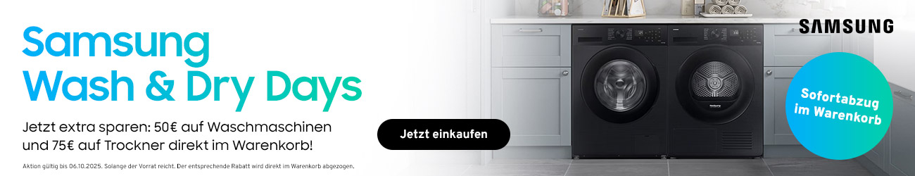 Jetzt extra sparen: 50€ auf Waschmaschinen und 75€ auf Trockner direkt im Warenkorb!