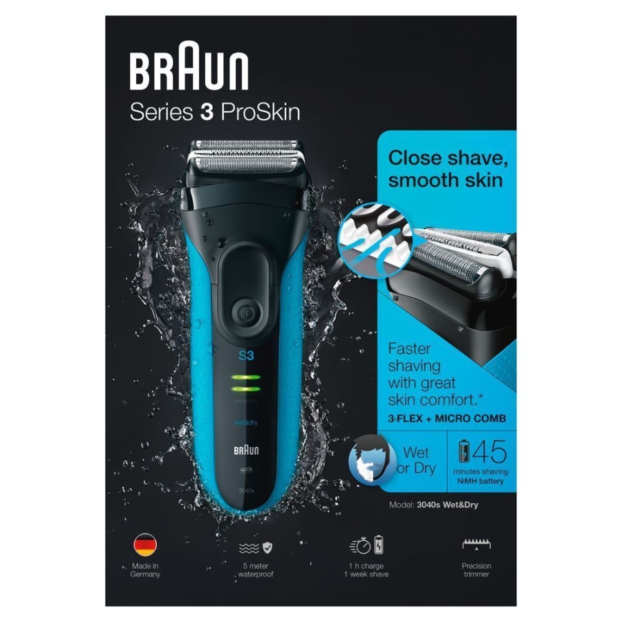 Braun Personal Care 3040s wet&dry Herrenrasierer Series 3 Blau 113010  LED Akku-& Reinigungsstatusanzeige