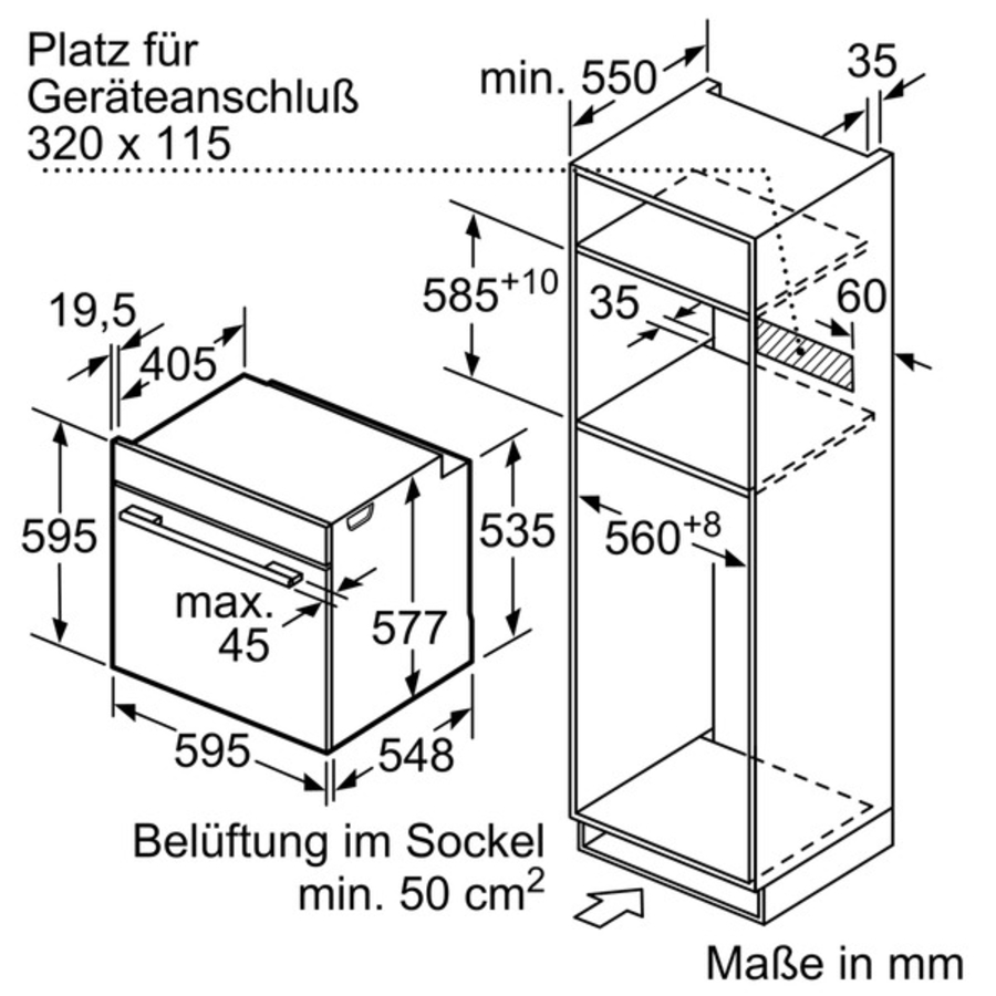 Siemens HM678G4S1 Einbau Backofen mit Mikrowelle Edelstahl 60cm  Gerätemaße (HxBxT): 595 x 595 x 548 mm