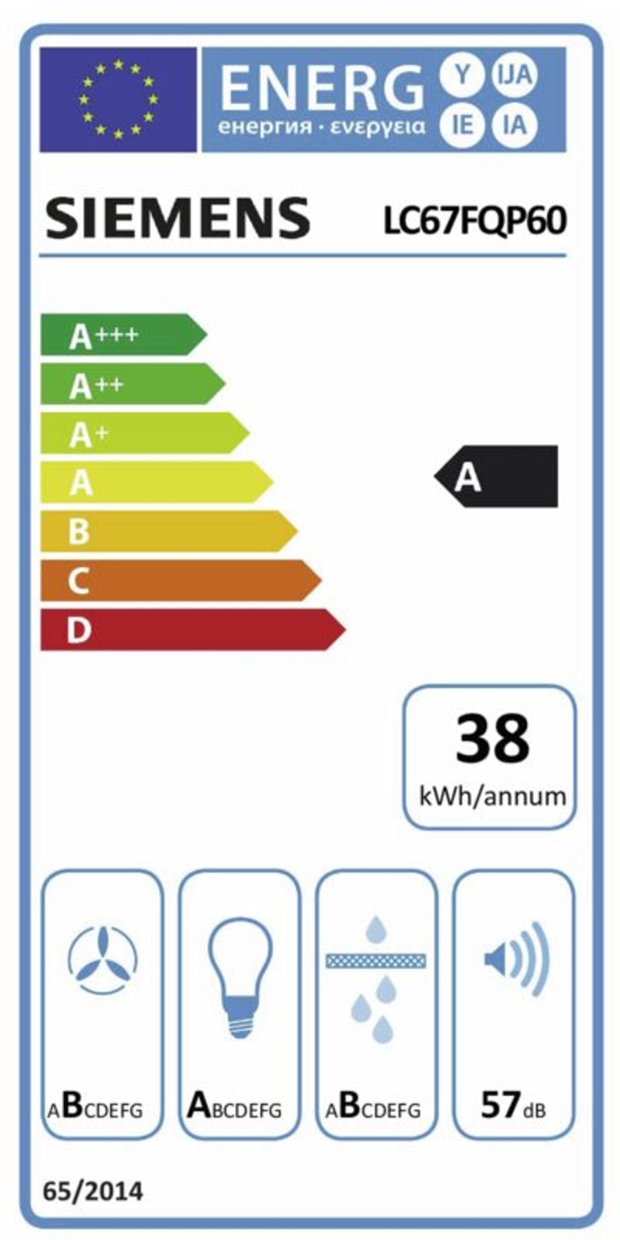 Siemens LC67FQP60 Kamin Dunstabzughaube 60 cm EEK A Schwarz mit Glasschirm Vertikal Esse 