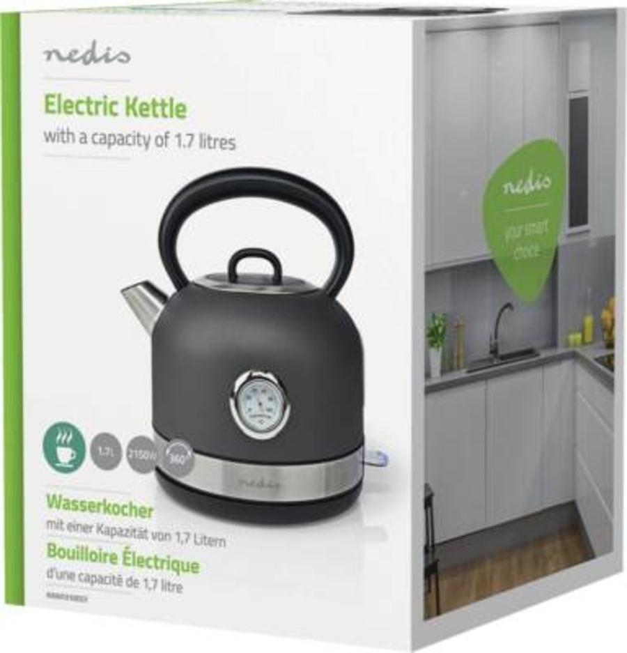 Nedis KAWK310EGY Wasserkocher 1.7 l | Edelstahl | Grau  Temperaturanzeige | Um 360 Grad drehbar