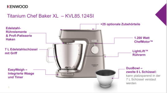 Kenwood Elektro KVL85.124SI Titanium Chef Baker XL Küchenmaschine Silber