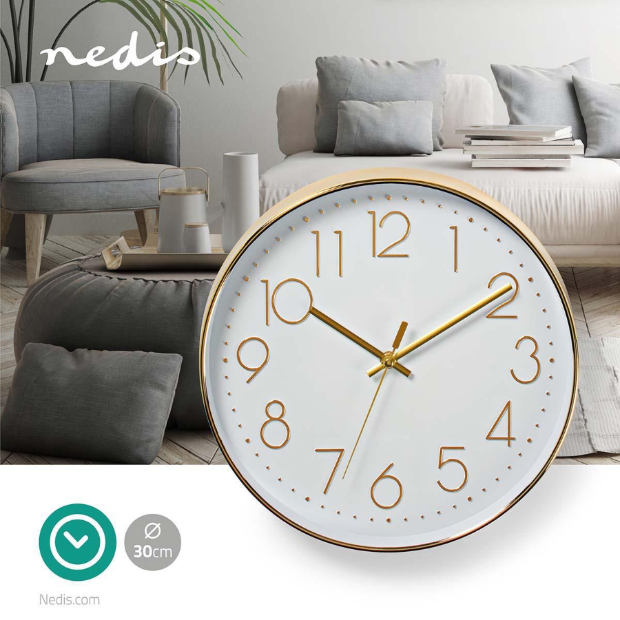 Nedis CLWA015PC30GD Wanduhr Durchmesser: 300 mm | Kunststoff | Gold / Weiss