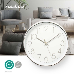 Nedis CLWA015PC30SR Wanduhr Durchmesser: 300 mm | Kunststoff | Silber / Weiss