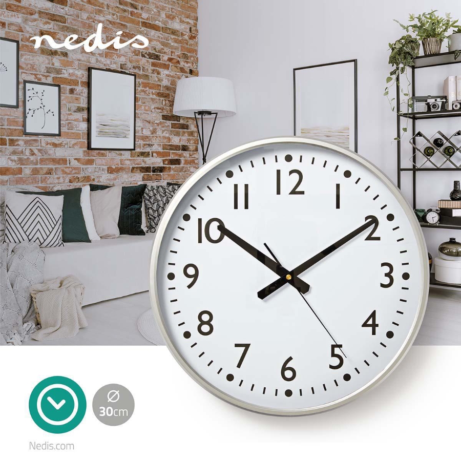Nedis CLWA016PC38AL Wanduhr Durchmesser: 380 mm | Kunststoff | Silber / Weiss
