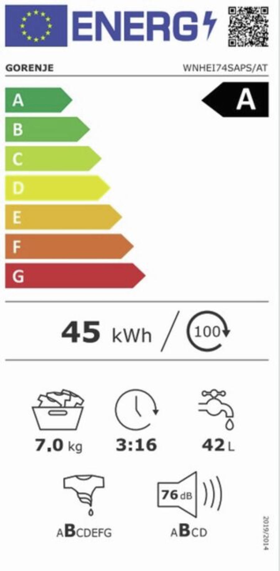 Gorenje WNHEI74SAPS/AT Waschmaschine 7kg,1400 U/min, EEK:A Stand, Weiß,SteamTech