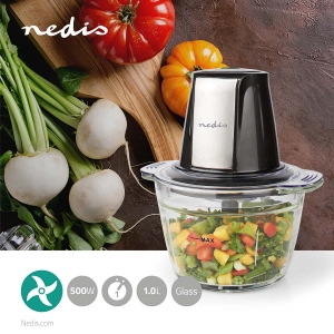 Nedis KAMC300CGY Zerkleinerer für Lebensmittel 500 W | 1 l | Glas | 1-Speed | Schwarz / Silber