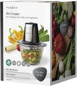 Nedis KAMC300CGY Zerkleinerer für Lebensmittel 500 W | 1 l | Glas | 1-Speed | Schwarz / Silber