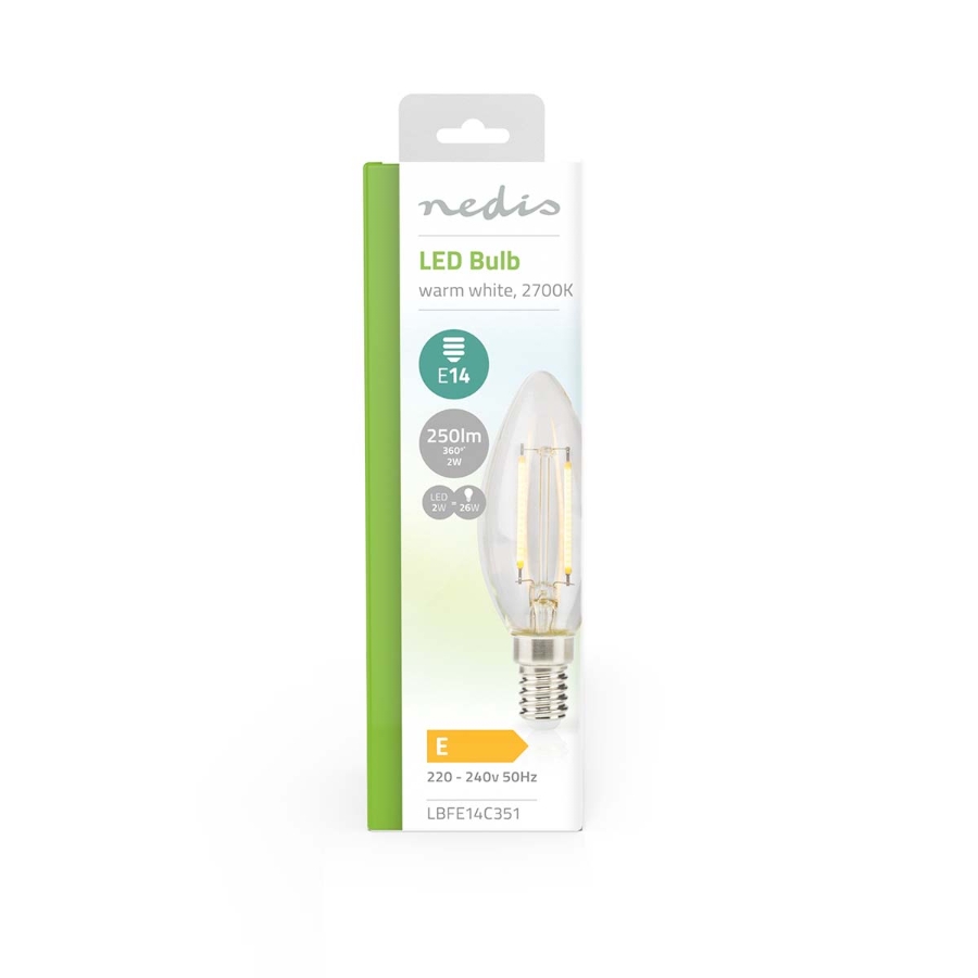 Nedis LBFE14C351 LED-Filament-Lampe E14 Kerze | 2 W | 250 lm | 2700 K | Warmweiss | 1 Stück | Klar