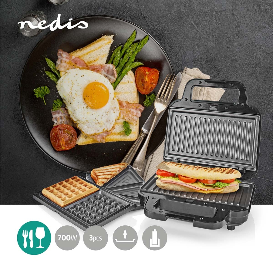 Nedis KAMG110FBK Multi-Grill Grill / Sandwich / Waffle  700 W | 22 x 12.5 cm | Automatischer Temperaturkontrolle 
