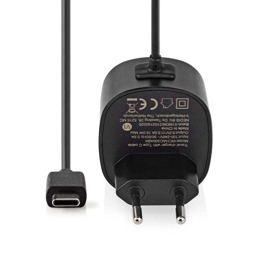 Nedis WCHAC300ABK Netzladegerät  15 W 15 W | Schnellladefunktion | 1.50 m | Anzahl der Ausgänge: 1 | USB-C™ (Fixed) Kabel 