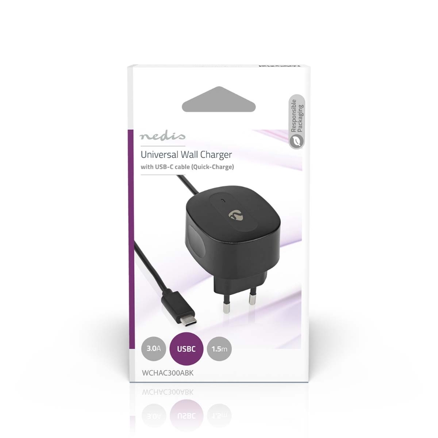 Nedis WCHAC300ABK Netzladegerät  15 W 15 W | Schnellladefunktion | 1.50 m | Anzahl der Ausgänge: 1 | USB-C™ (Fixed) Kabel 