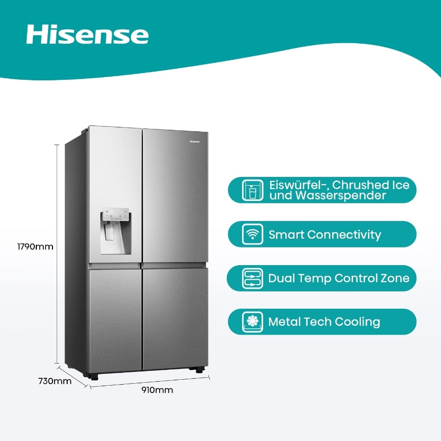 Hisense RS818N4TIE Side-by-Side Edelstahl NoFrost Wassertank Eiswürfel- und Wasserspender 