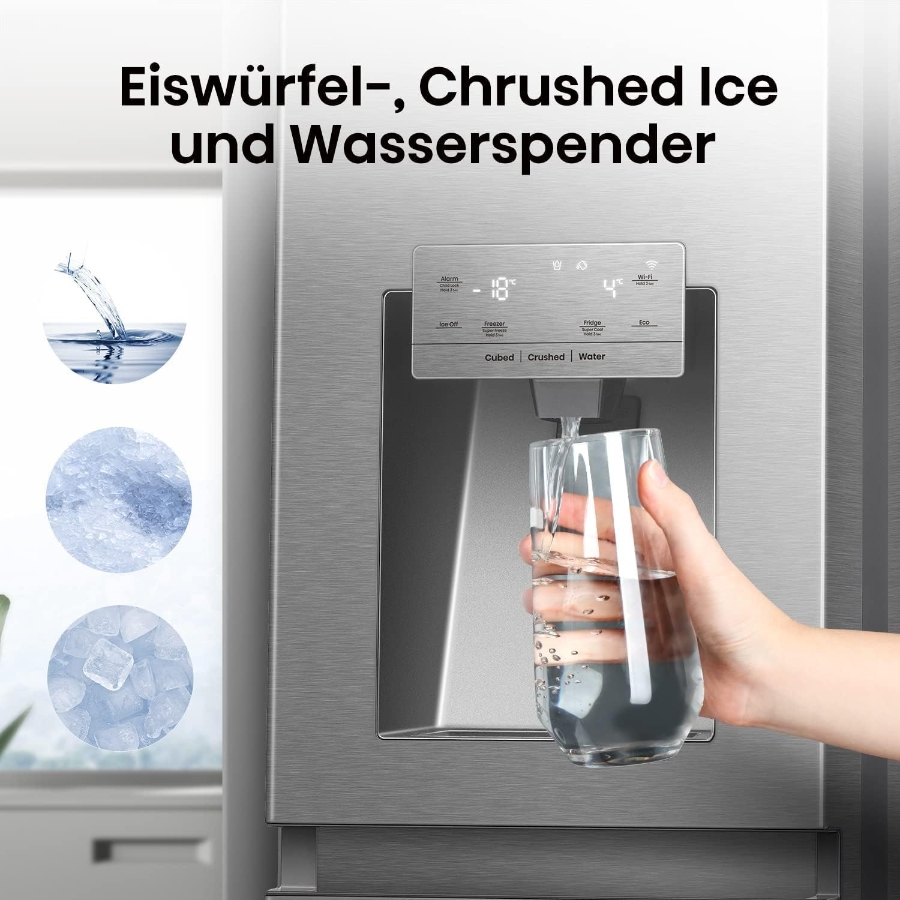 Hisense RS818N4TIE Side-by-Side Edelstahl NoFrost Wassertank Eiswürfel- und Wasserspender 