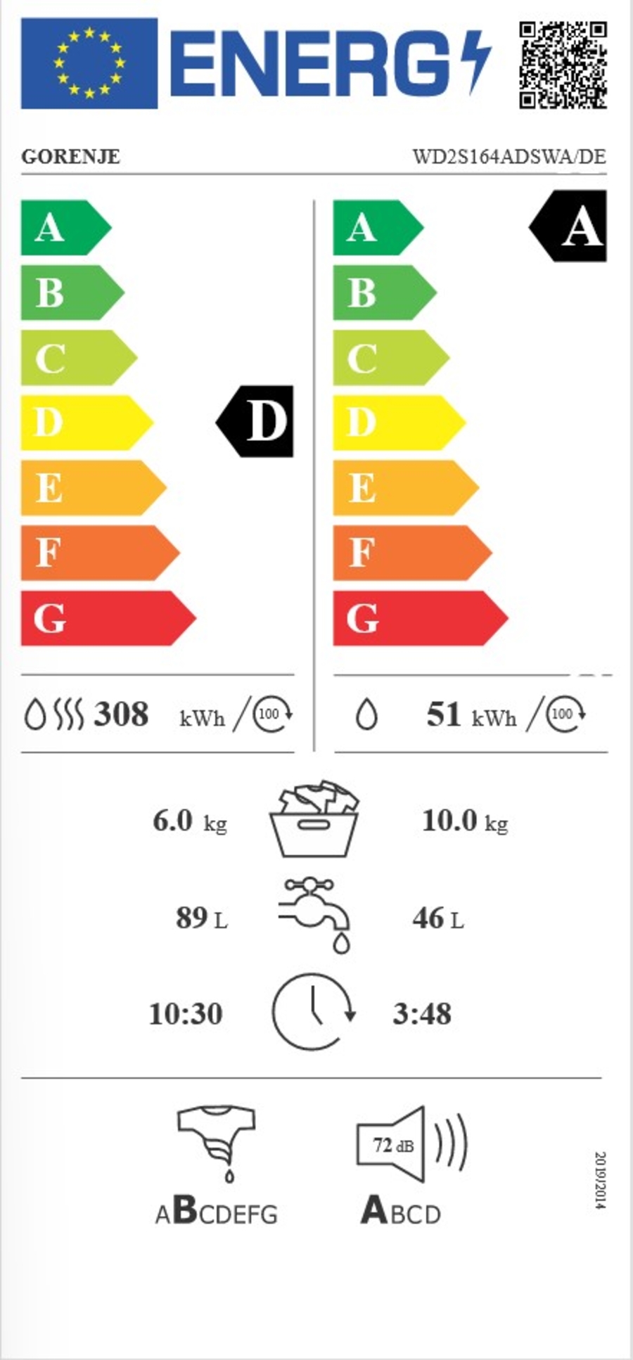 Gorenje WD2S164ADSWA Waschtrockner 10kg Waschen 6 kg Trocknen 