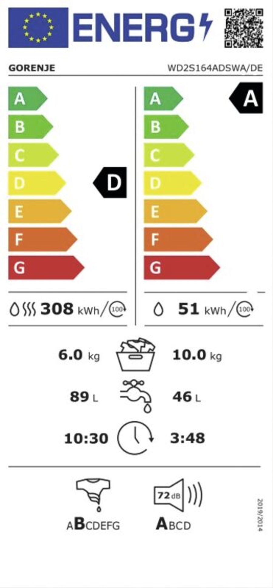 Gorenje WD2S164ADSWA Waschtrockner 10kg Waschen 6 kg Trocknen 
