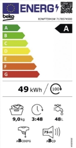 Beko B3WFT5941W Waschmaschine 9 kg, 1400 U/Min. Frontlader ,60cm  Weiß,EEK: A