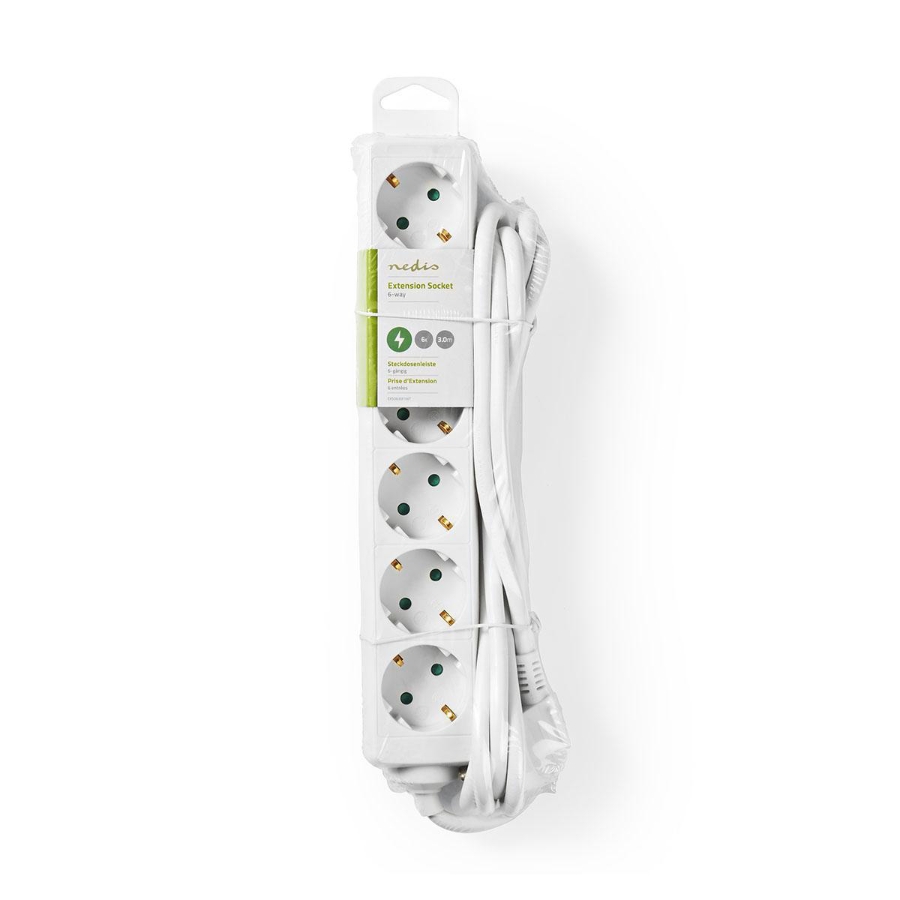 Nedis EXSO630F1WT Verlängerungsbuchse Schutzkontakt / Typ F (CEE 7/7) | 6-Wege | 3.00 m | 3680 W 