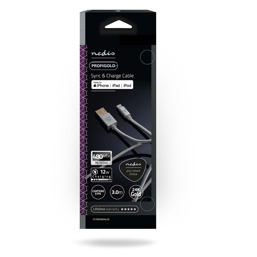 Nedis CCTB39300AL30 Lightning Kabel 3.00 m | Rund | Geflochten   Nylon | Aluminium | Verpackung mit Sichtfenster Vergoldet 
