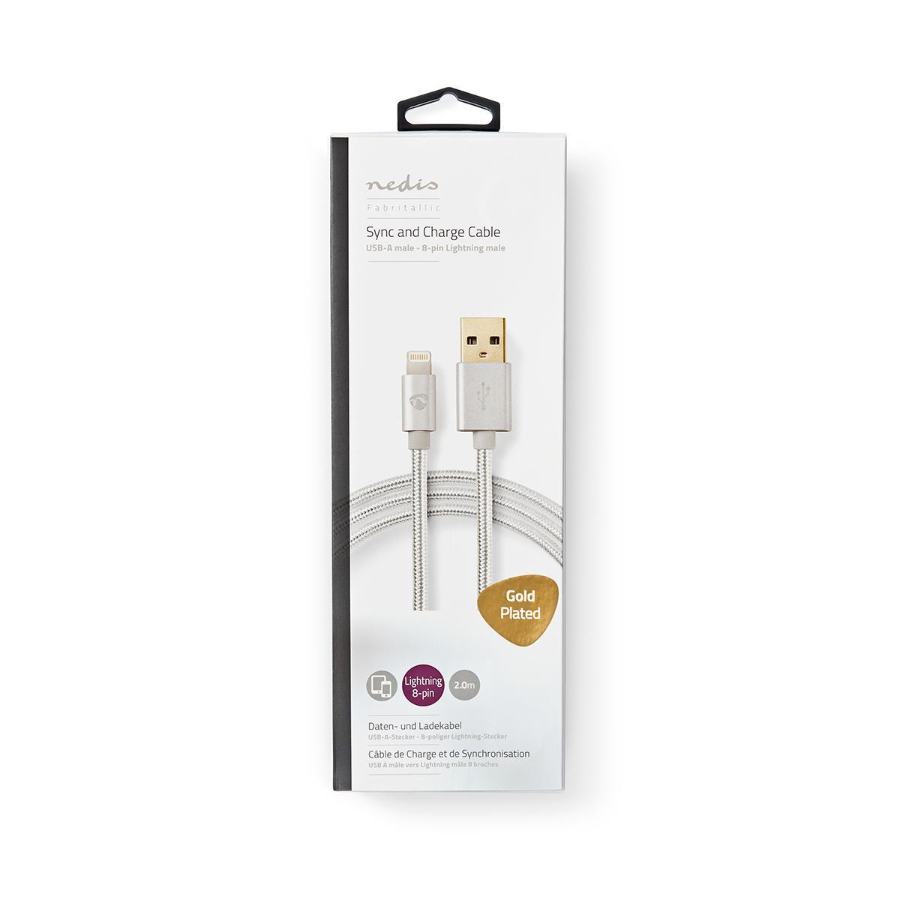 Nedis CCTB39300AL20 Lightning Kabel 2.00 m | Rund | Geflochten    Nylon | Aluminium | Verpackung mit Sichtfenster Vergoldet 