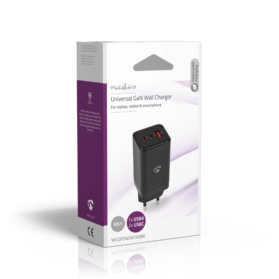 Nedis WCGPD65W100BK  Netzladegerät 65 W | GaN | Schnellladefunktion | 3.0 / 3.25 A A |