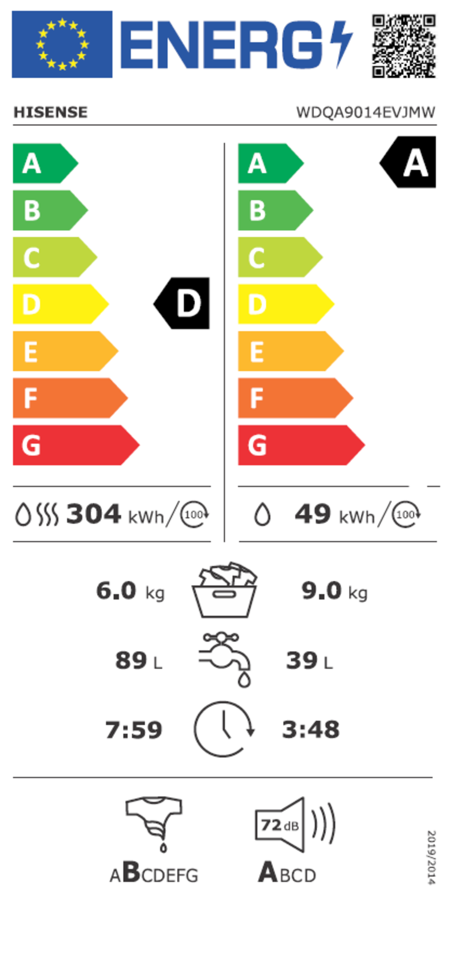 Hisense WDQA9014EVJMW Waschtrockner Stand 9kg Waschen 6kg Trocknen 