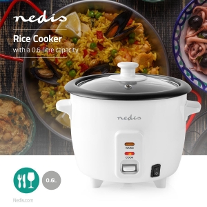 Nedis KARC06WT Reiskocher 0.6 l | 300 W | Aluminium-Dampfer Antihaft-Beschichtung | Herausnehmbare Schüssel |