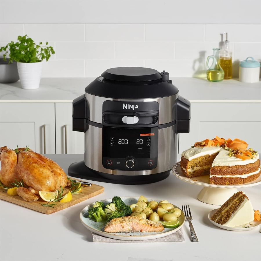 Ninja OL550EU Foodi Multikocher mit SmartLid Multikocher  6L,11-in-1 Multicooker,Heißluftfritteuse,Grillen,