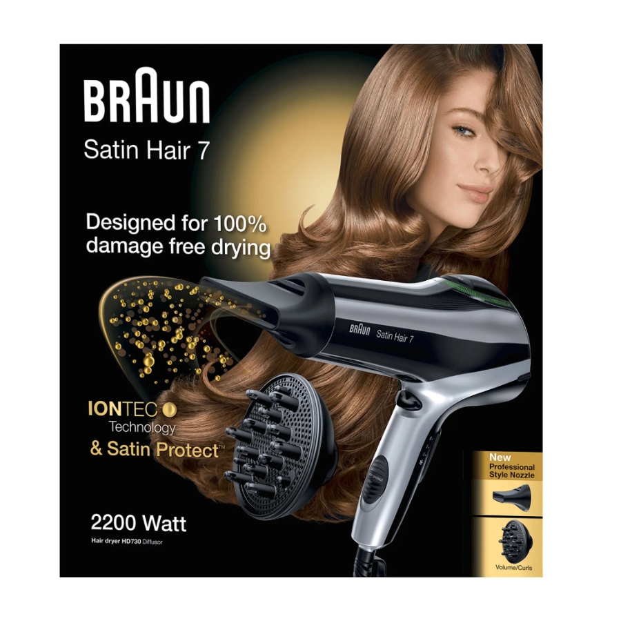 Braun Haircare HD730E Haartrockner 2200W, 3 Heizstufen, Ionisator, Diffus Schwarz-Silber