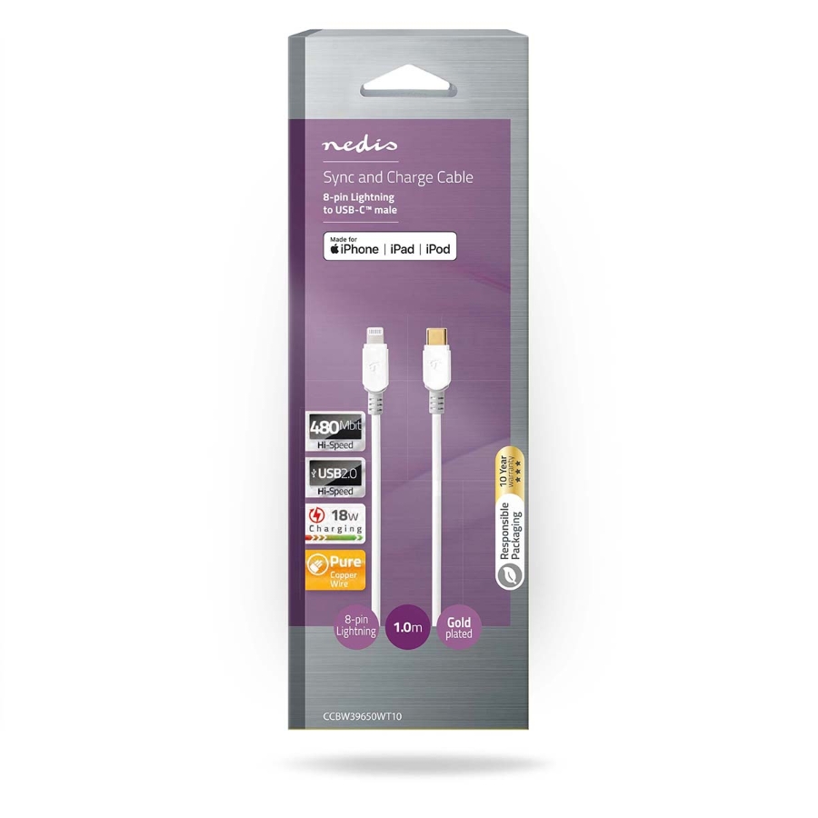 Nedis CCBW39650WT10 Lightning Kabel USB 2.0 | Apple Lightning 8-Pin | USB-C™ Stecker |