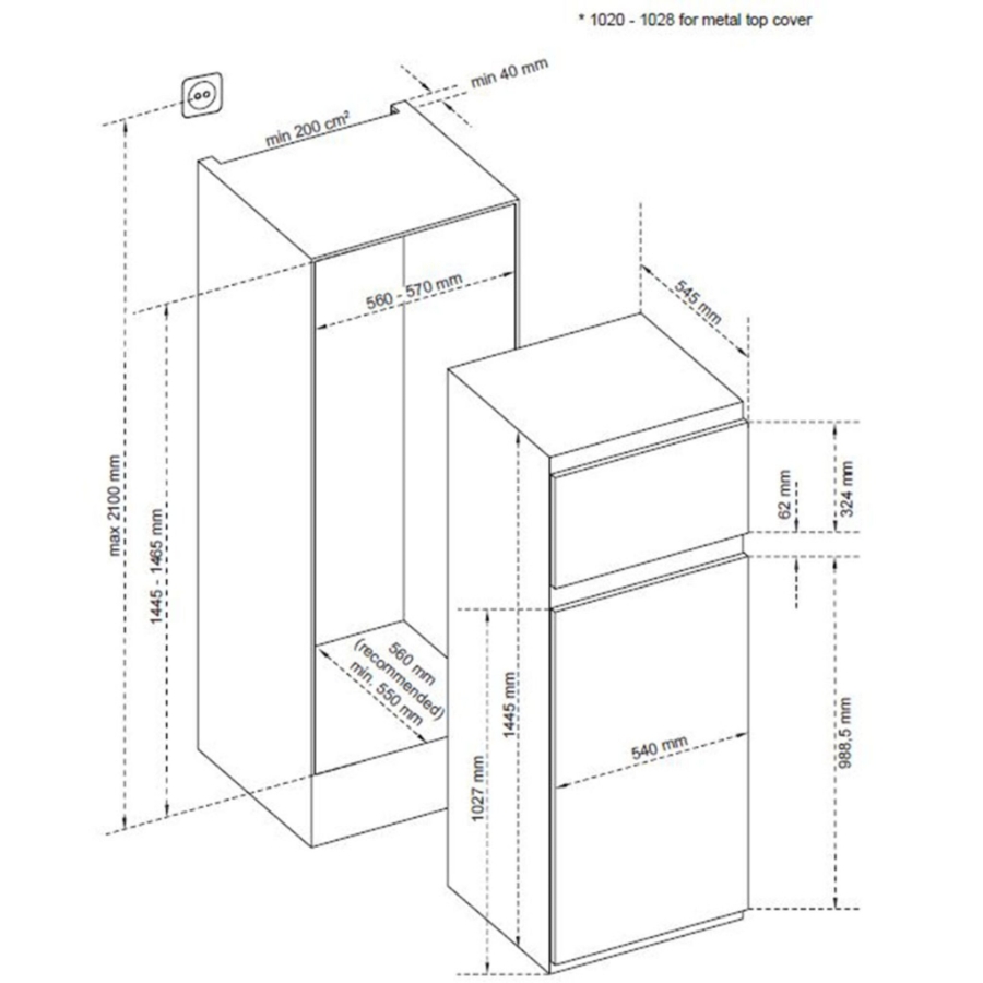 Sharp SJ-TE210T0XD-EU Einbau Kühl-Gefrierkombination Festtür 54 cm breit, (145er Nische)