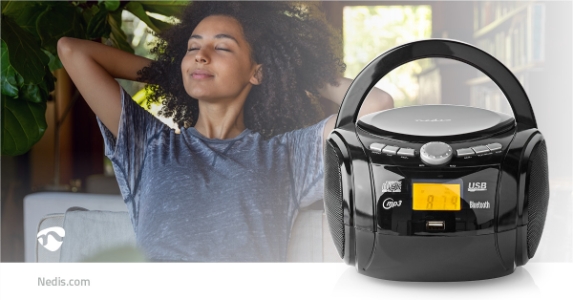 Nedis SPBB100BK CD-Player Boombox Batteriebetrieben / Netzstromversorgung | Stereo | 9 W 
