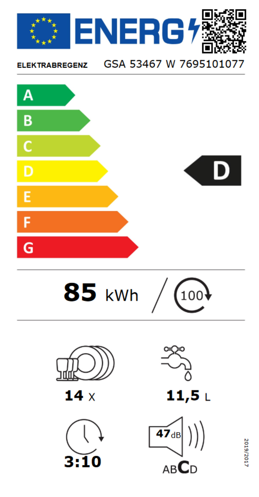 Elektrabregenz GSA 53467W Geschirrspüler Stand 60 cm Weiß 