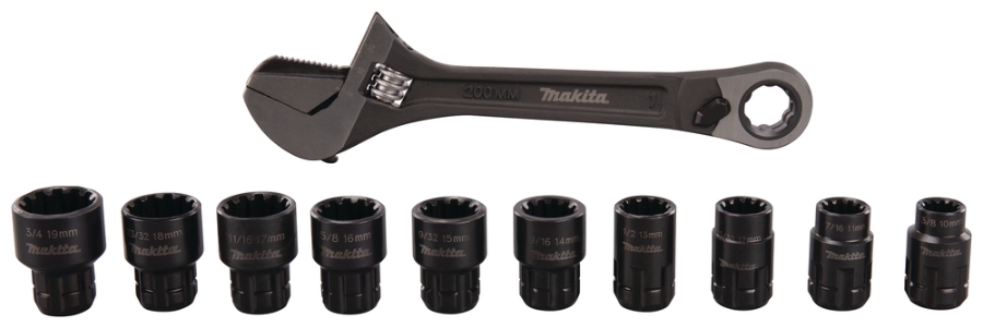 Makita B-65458 Rollgabelschlüssel 200 mm mit  Durchsteckknarrenfunktion und Nüssen