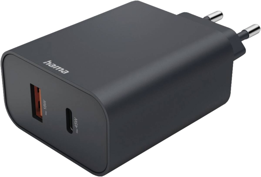 Hama 86444 Schnellladegerät, 1x USB-C, 1x USB-A, PD, 45 W Anthrazit