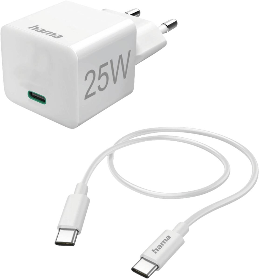 Hama 201624 Schnellladegerät mit Ladekabel USB-C, Mini-Ladegerät, PD, 25 W, 1,5 m, Weiss