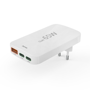 Hama 201976 Schnellladegerät, 2x USB-C, 1x USB-A, flaches Mini-Ladegerät, PD, 65 W, Weiss