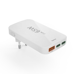 Hama 201976 Schnellladegerät, 2x USB-C, 1x USB-A, flaches Mini-Ladegerät, PD, 65 W, Weiss